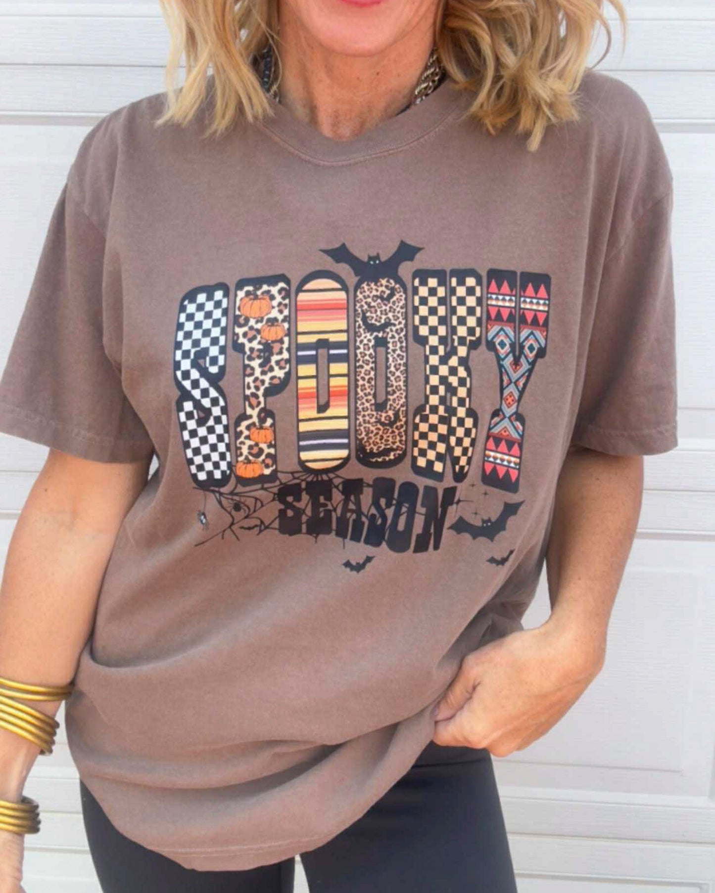 Patchwork Spooky Season Espresso Garment Graphic T-shirt