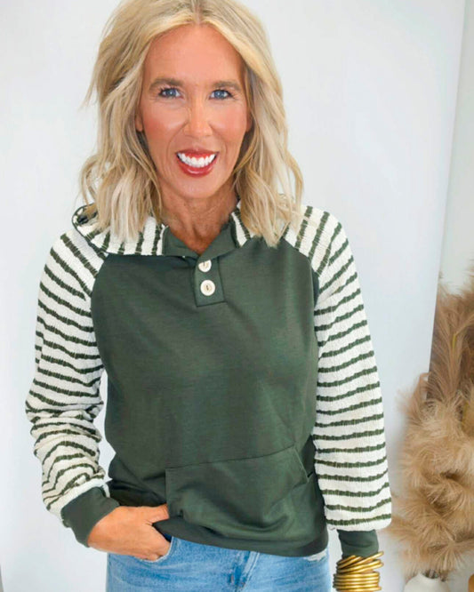 Olive Stripe Contrast Button Front Hoodie