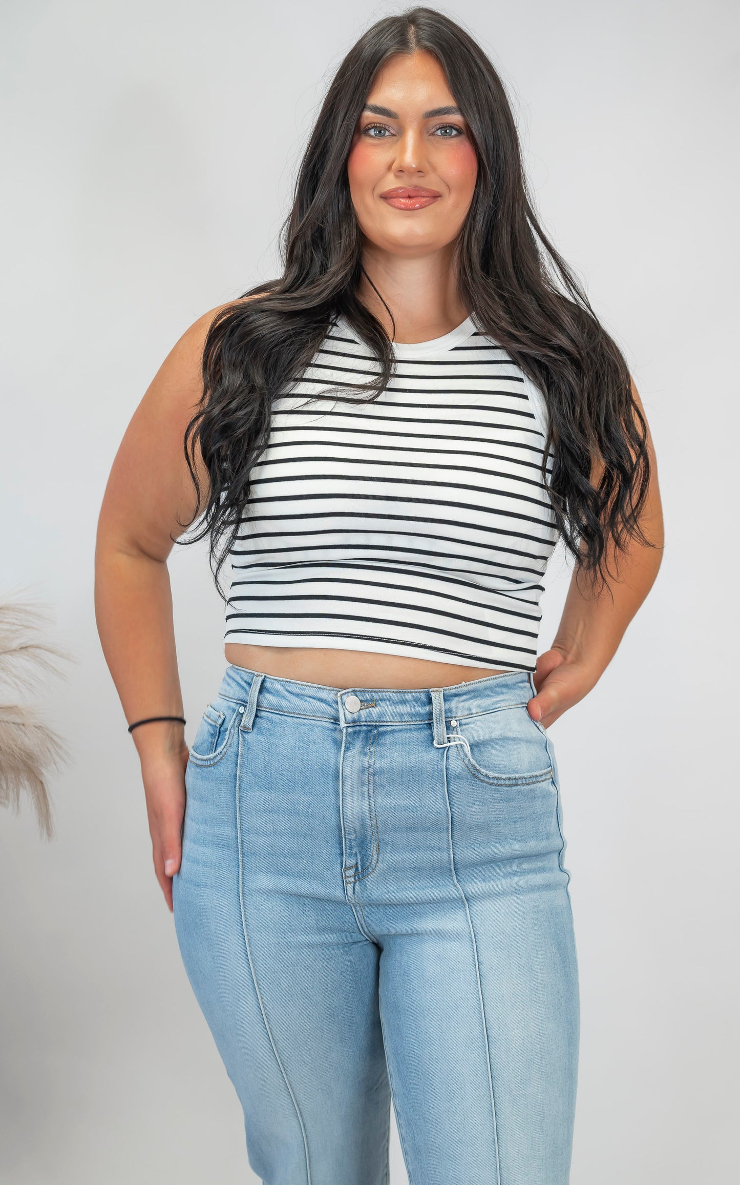 Basic Essential Cotton Stripe Tank Top w/ Self Bra