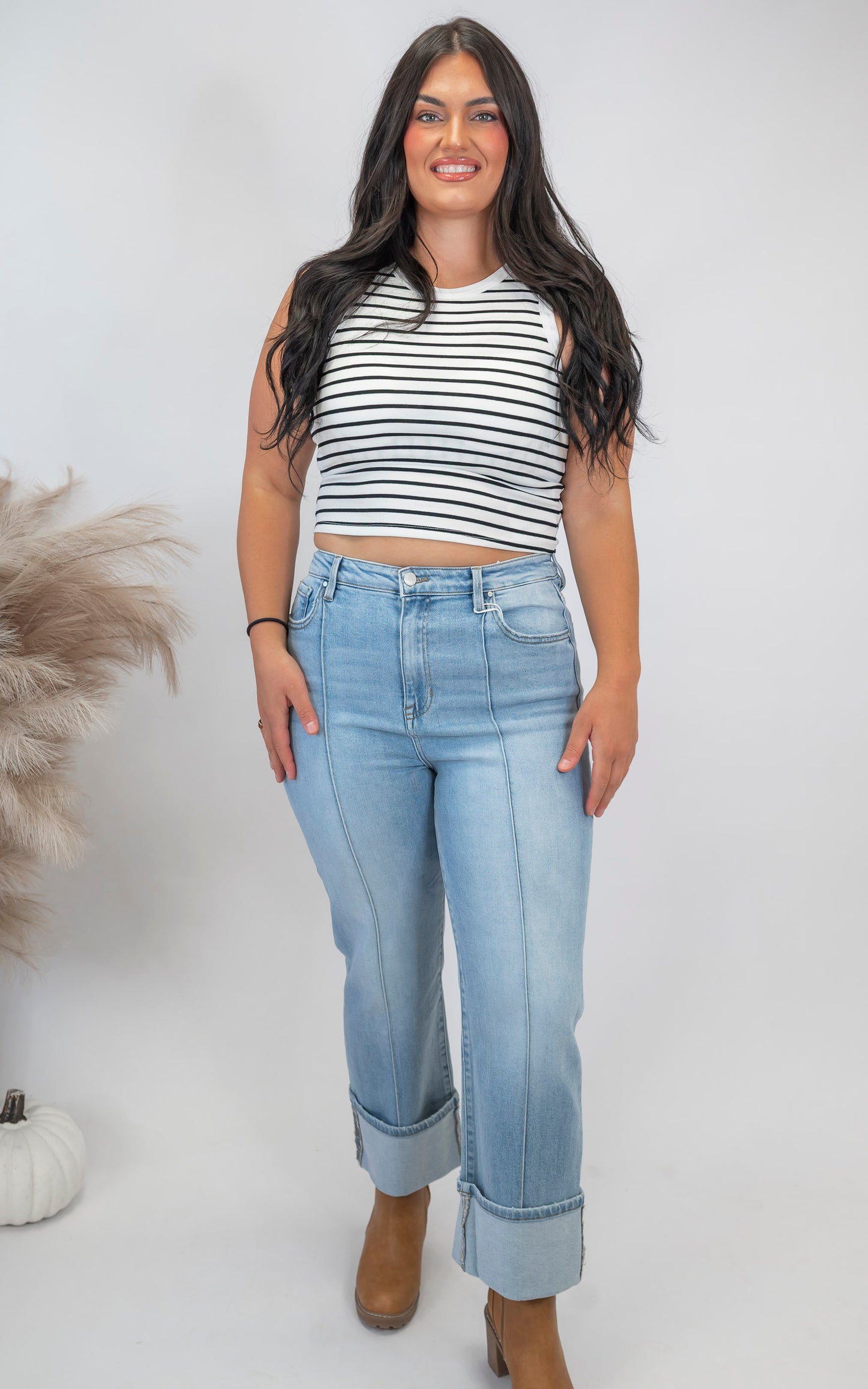 Basic Essential Cotton Stripe Tank Top w/ Self Bra
