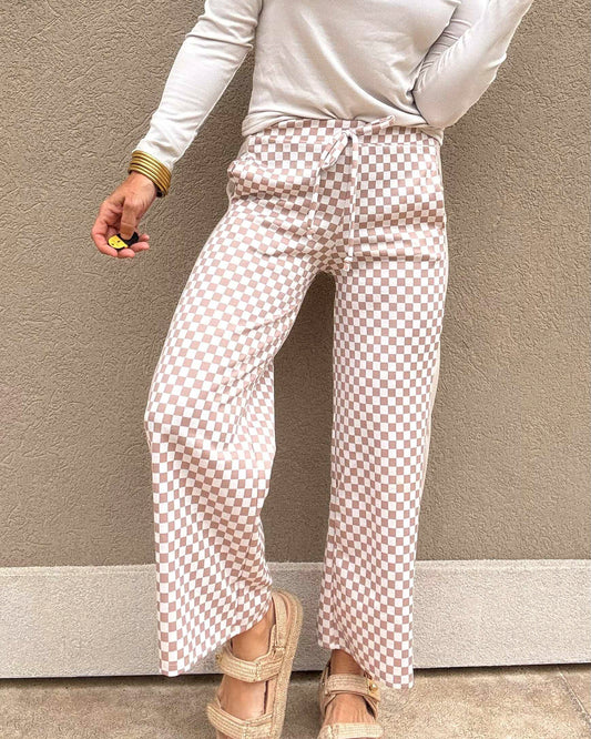 Cream Checkerboard Contrast Matching Pants