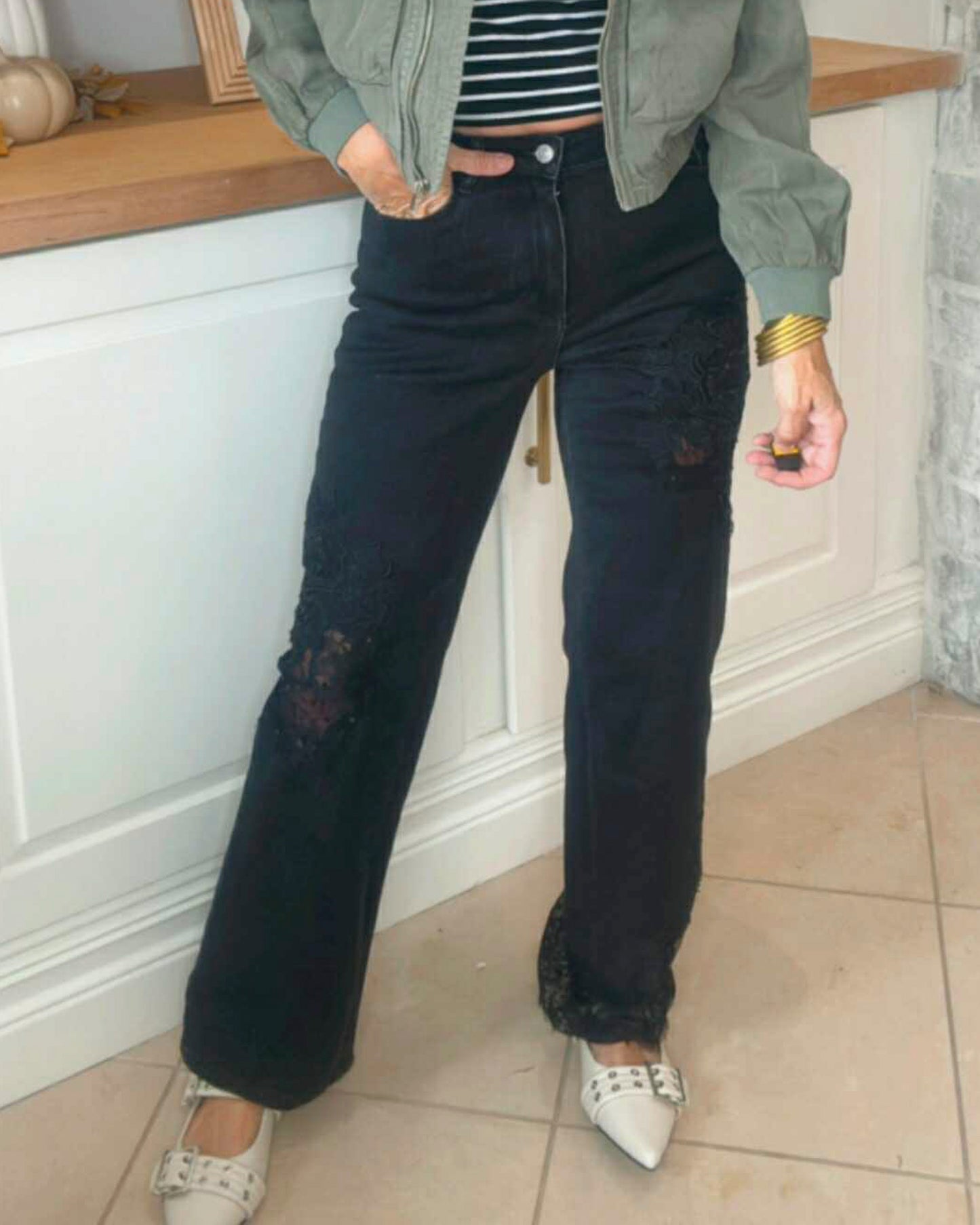 Lace Patchwork Straight Leg Jeans