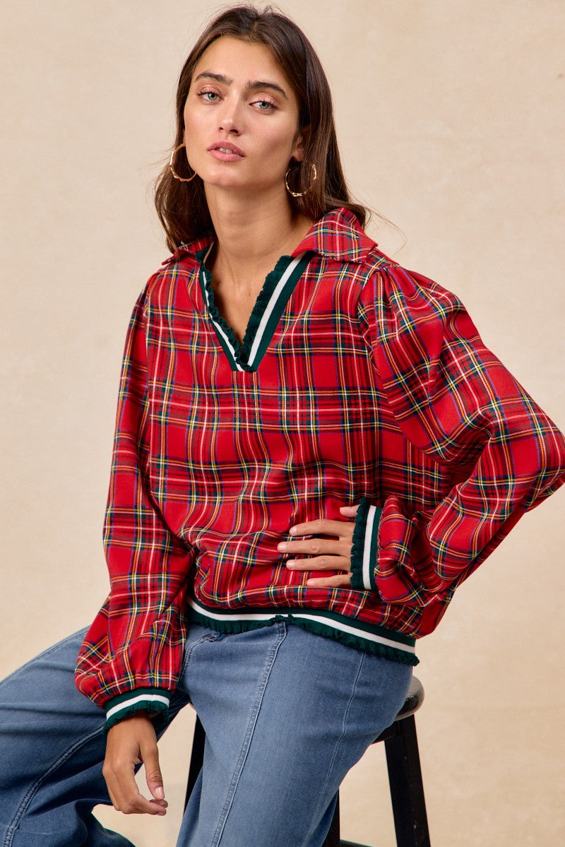 Christmas Plaid V Neck Collared Top | BIBI *LA LIVE PREORDER