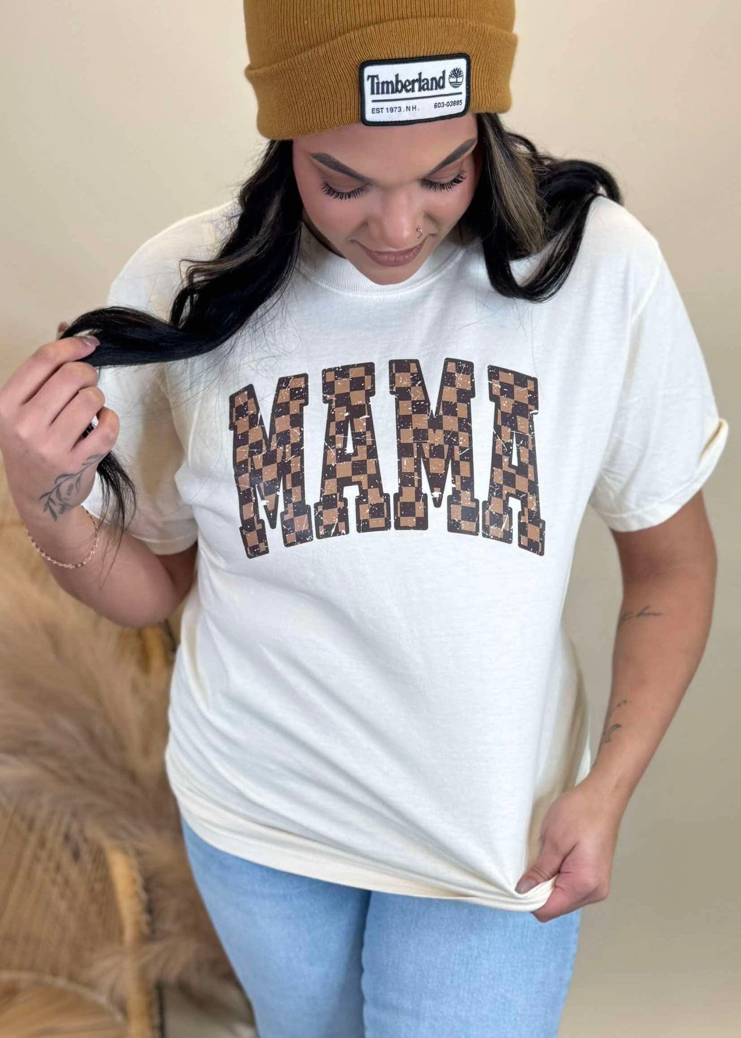 Distressed Checked MAMA Garment Dyed Graphic T-shirt