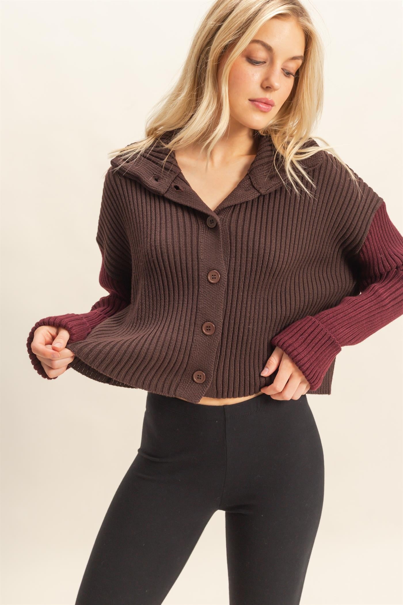 Contrasting Sleeves Sweater Cardigan (3 COLORS) | HYFVE *LA LIVE PREORDER