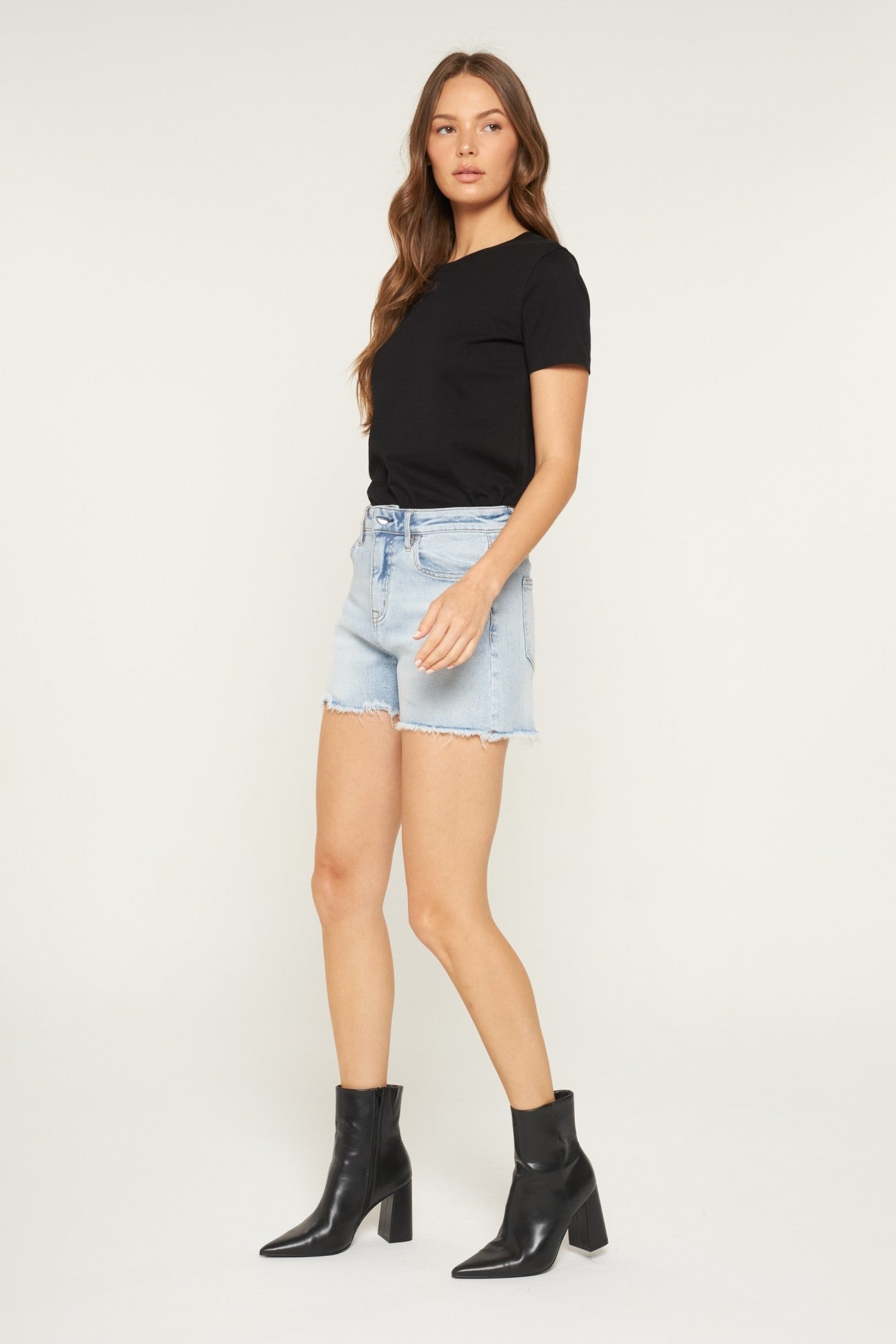 Light Blue Ivy Super High Denim Shorts w/ Frayed Hem | MICA - Final Sale