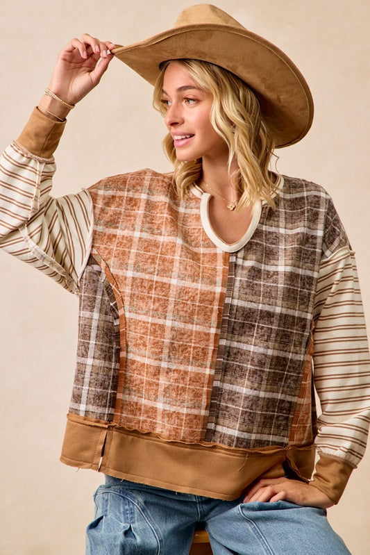 Plaid And Stripe Mix And Match Top With Open Seam | BIBI **LA LIVE PREORDER