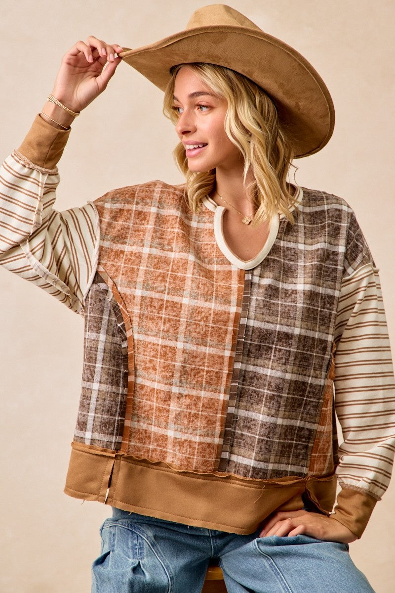 Plaid And Stripe Mix And Match Top With Open Seam | BIBI **LA LIVE PREORDER