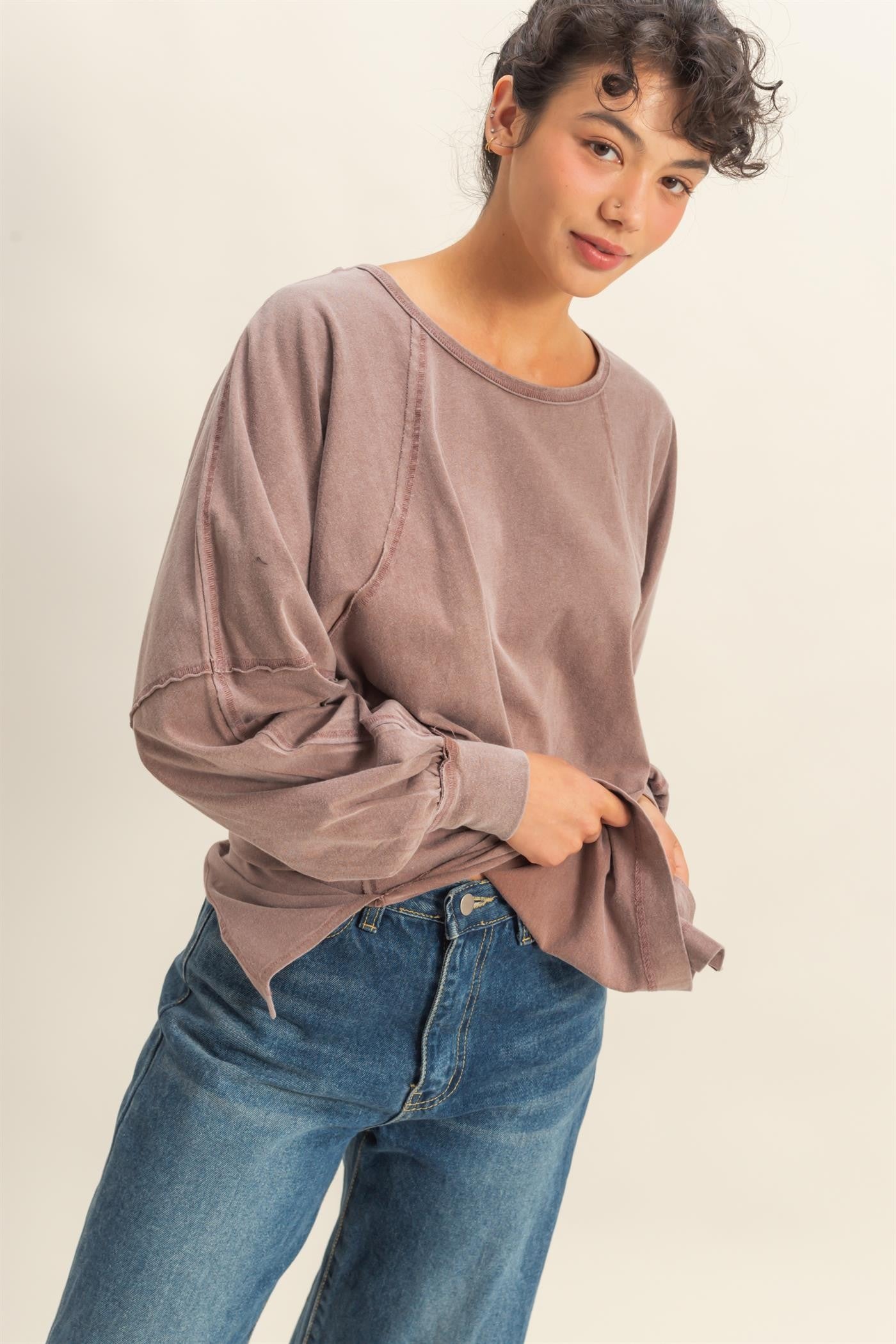 Washed Oversized Long Sleeve Top With Slit (3 COLORS) | HYFVE *LA LIVE PREORDER**