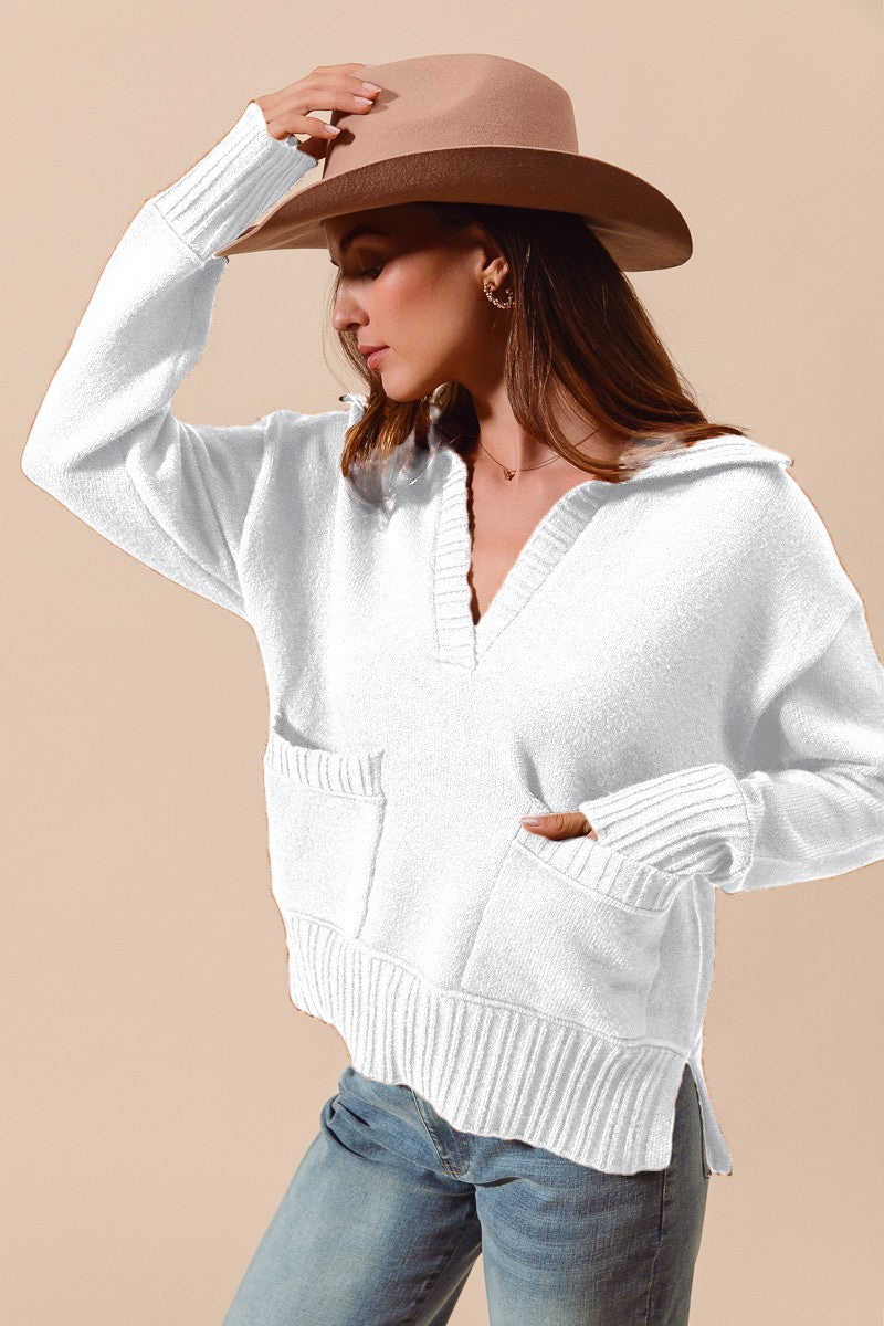Flap Collar Sweater Pullover Top With Patch Pocket (3 COLORS) | SO ME *LA LIVE PREORDER 3.2.1