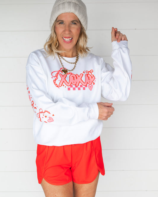 XOXO Heart On Your Sleeve Crewneck Graphic Sweatshirt