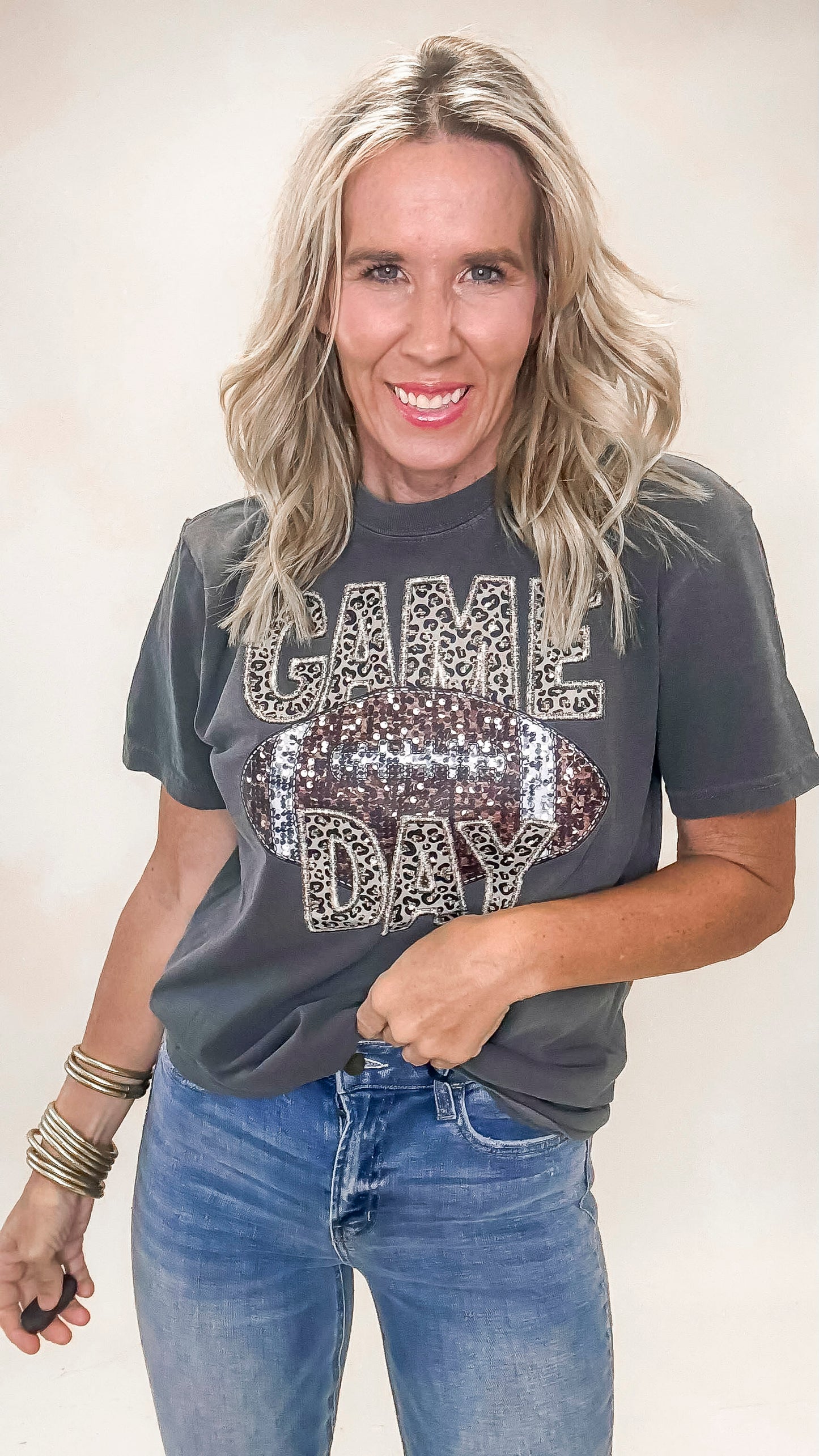 Vintage-wash Game Day graphic t-shirt with glitter lettering on soft Comfort Colors fabric