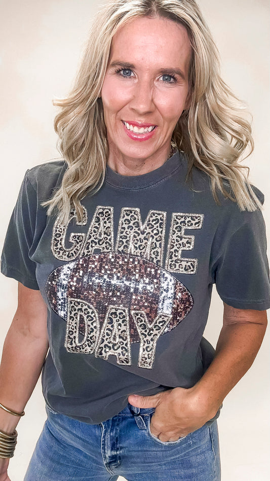 Pepper grey Comfort Colors tee with sparkly 'Game Day' graphic and relaxed fit