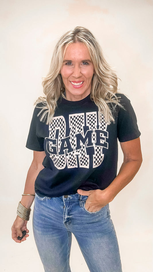 Black Game Day graphic tee with bold white lettering and casual fit.