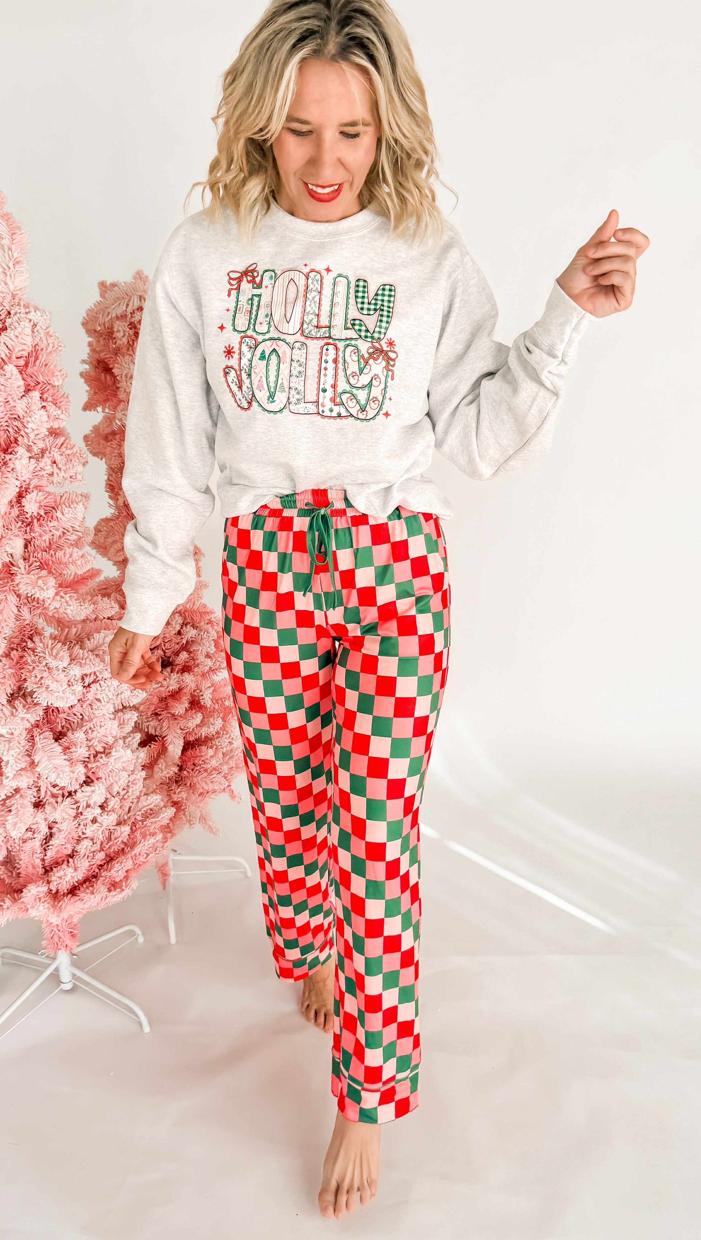Holly Jolly Patchwork Crew Neck Graphic Sweatshirt