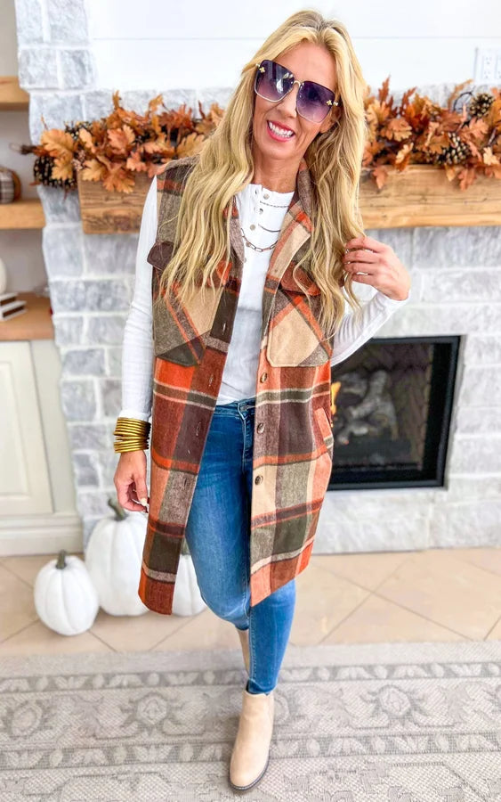 Leave Them Speechless Wool Plaid Long Vest
