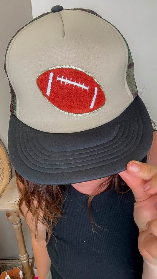 Sara's Custom Tan & Camo Mesh Large Football Trucker Hat