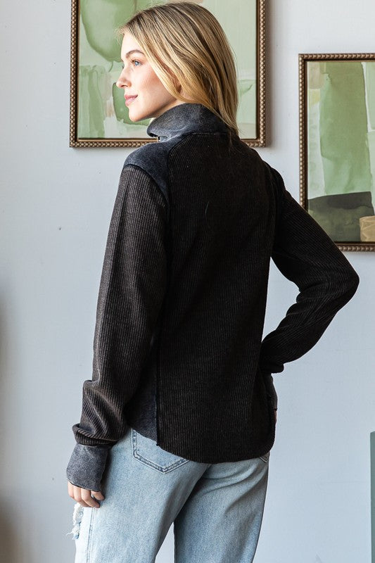 Washed Henley Zip Up Neck Waffle Top | OLI & HALI