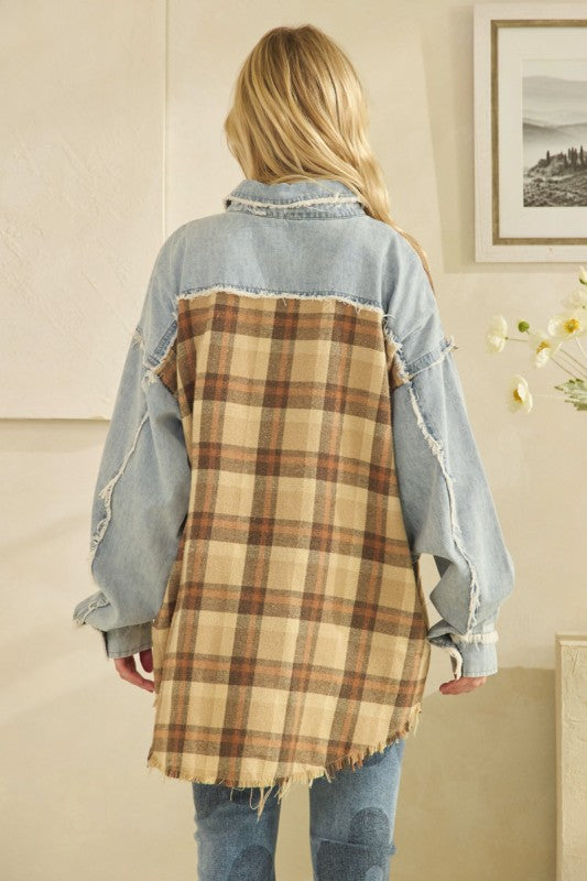 Washed Plaid Denim Mix Button Down Shacket |OLI & HALI