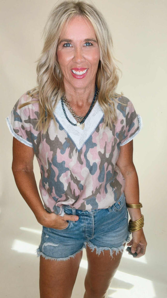 Pink Camo Short Sleeve V-Neck Top