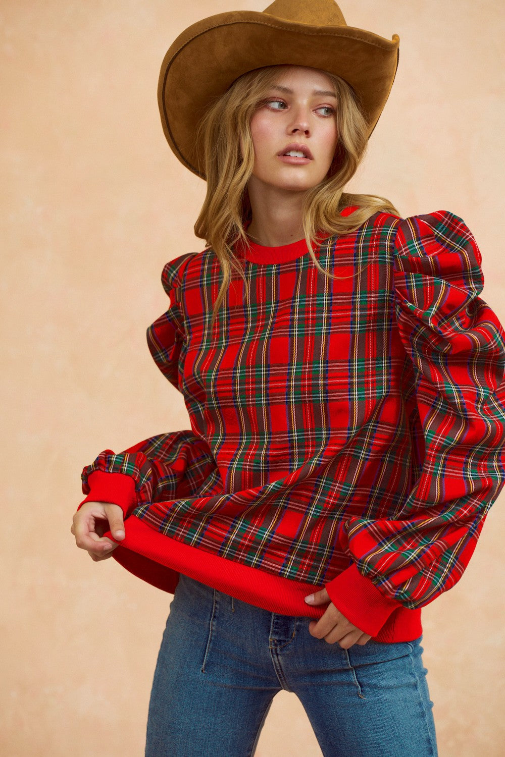 Christmas Plaid Puffed Shoulder Top (2 COLORS) | LOVLOV *LA LIVE PREORDER **