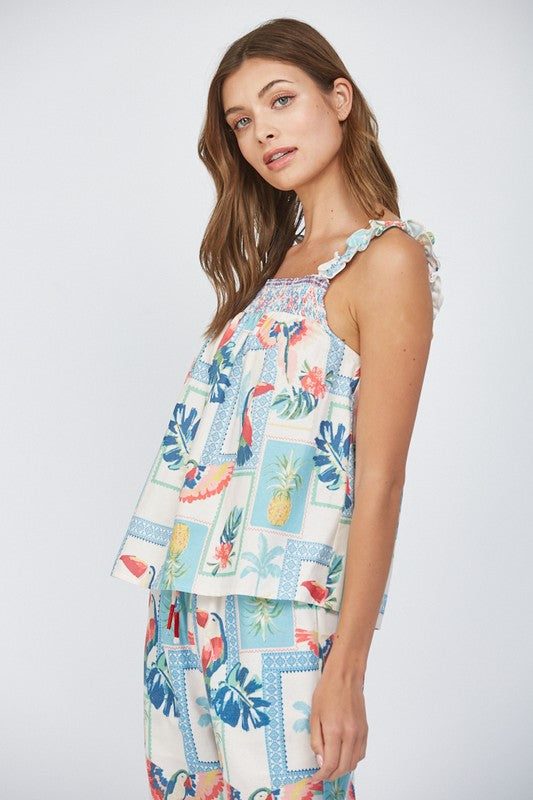 Tropical Print Linen Blend Ruffle Shoulder Top - Final Sale