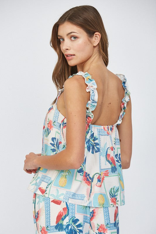 Tropical Print Linen Blend Ruffle Shoulder Top - Final Sale