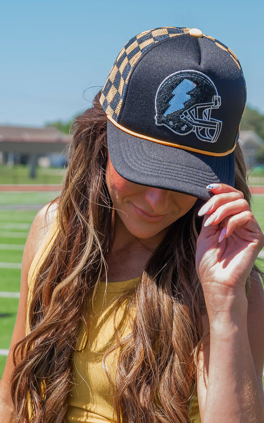 Sara's Custom Checkered Football Black & Gold Trucker Hat