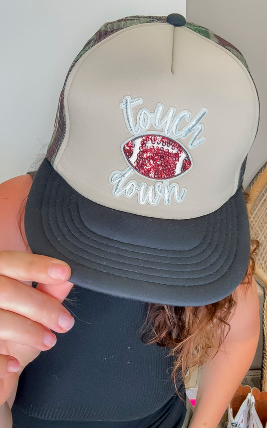 Sara's Custom Black & Tan Camo Sequin Touchdown Trucker Hat