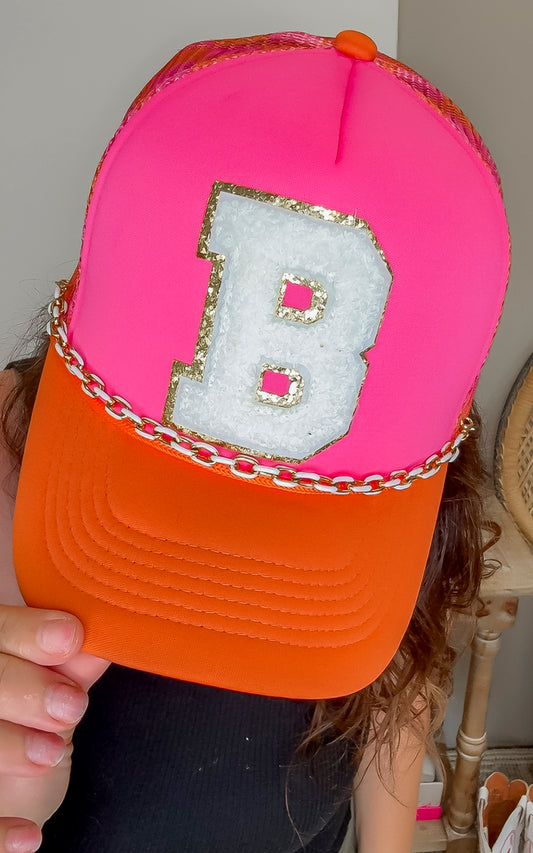 Sara's Custom ColorBlock Fuchsia "B" with Chain Trucker Hat