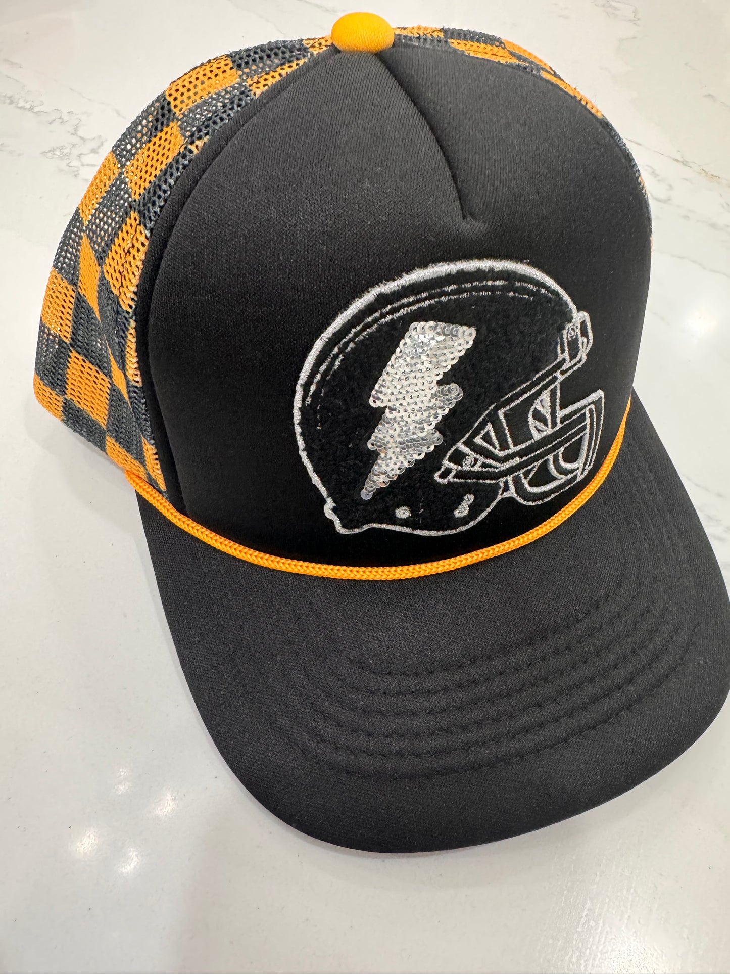 Sara's Custom Checkered Football Black & Gold Trucker Hat
