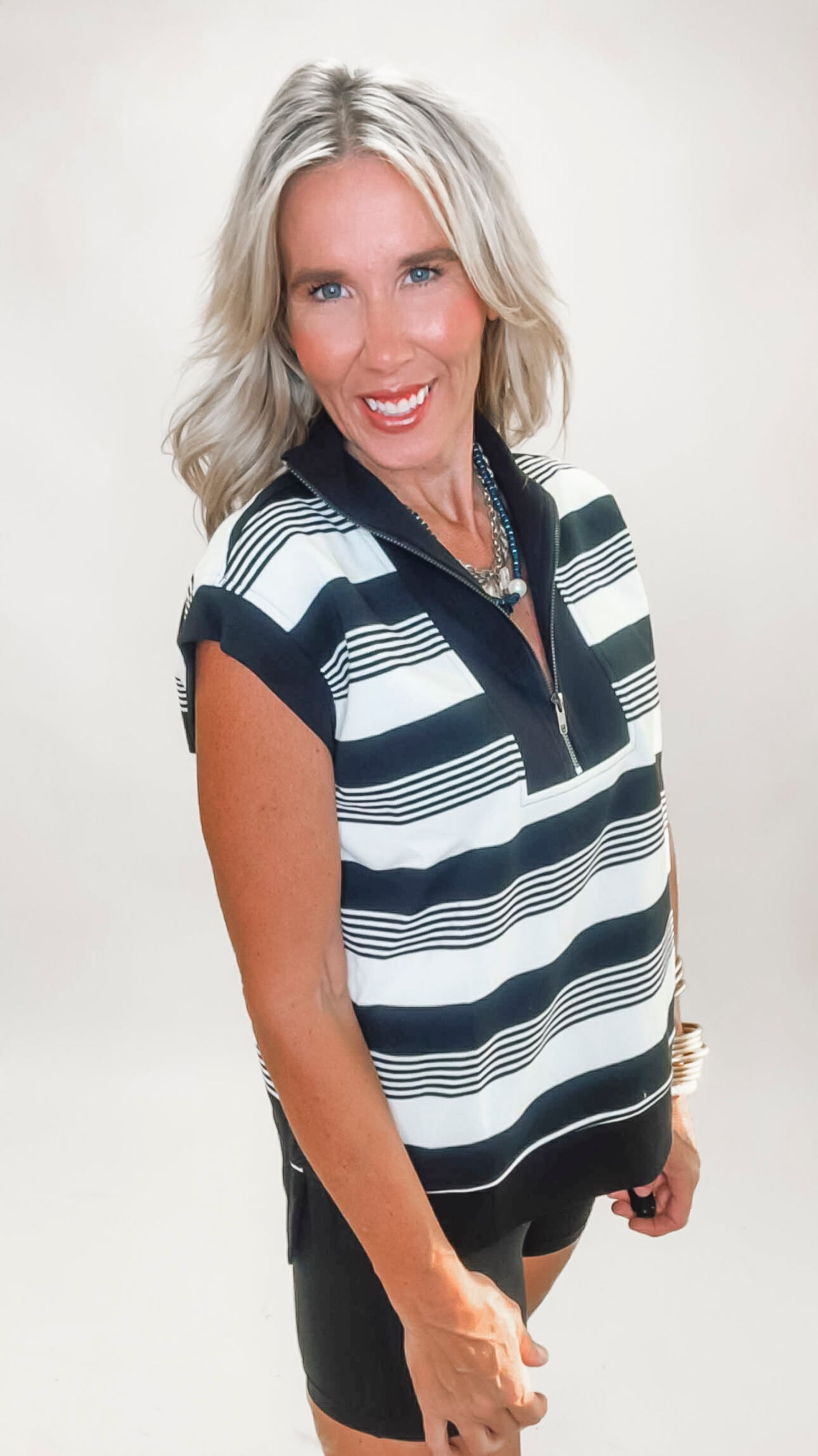 Half Zip Textured Top with Johnny Collar | UMGEE