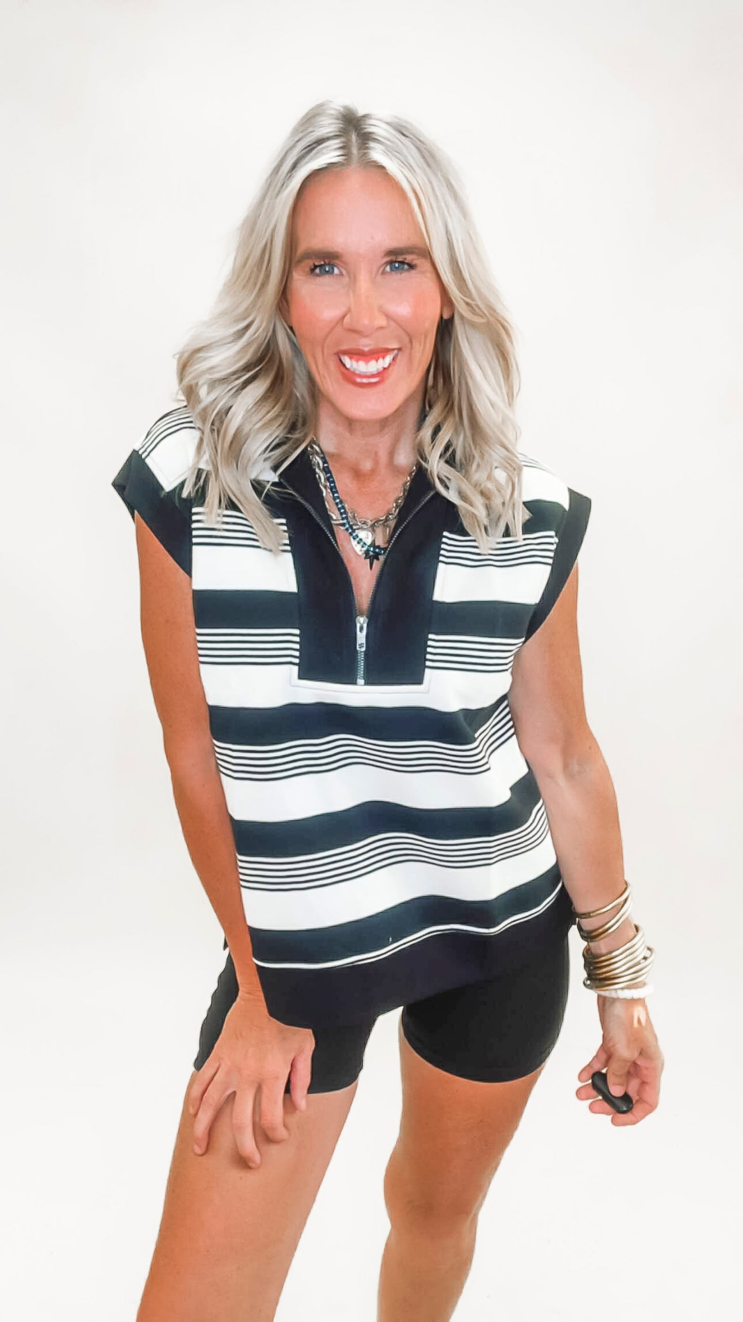 Half Zip Textured Top with Johnny Collar | UMGEE
