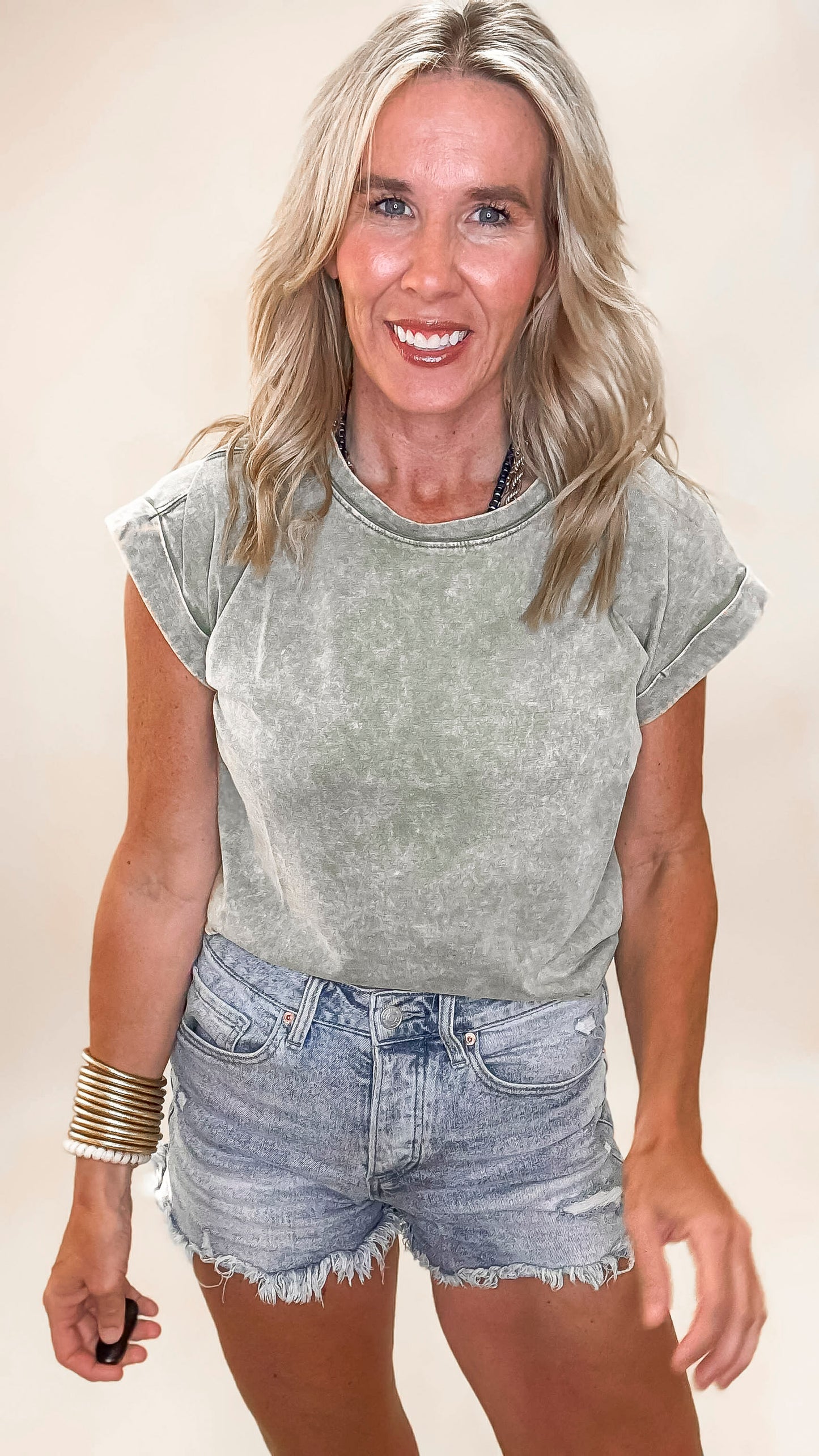 The Lakin Washed Cotton Cuffed Short Sleeve Top | ZENANA DEAL