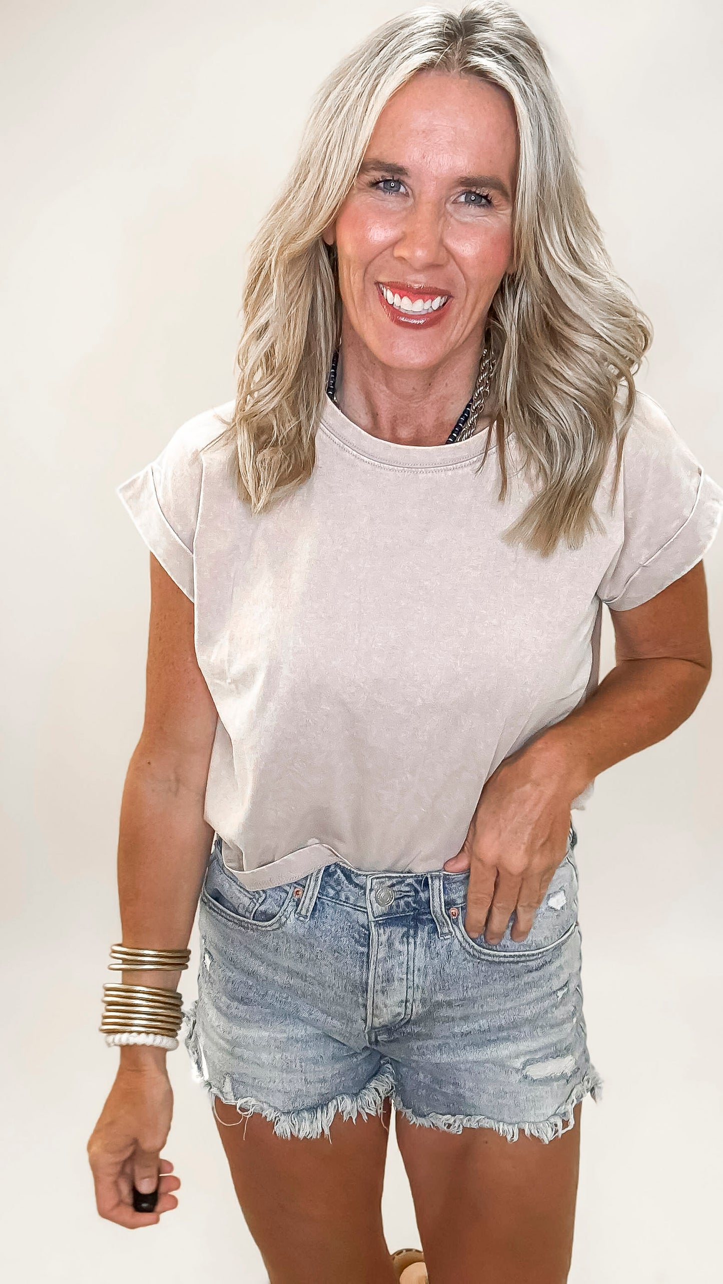 The Lakin Washed Cotton Cuffed Short Sleeve Top | ZENANA DEAL