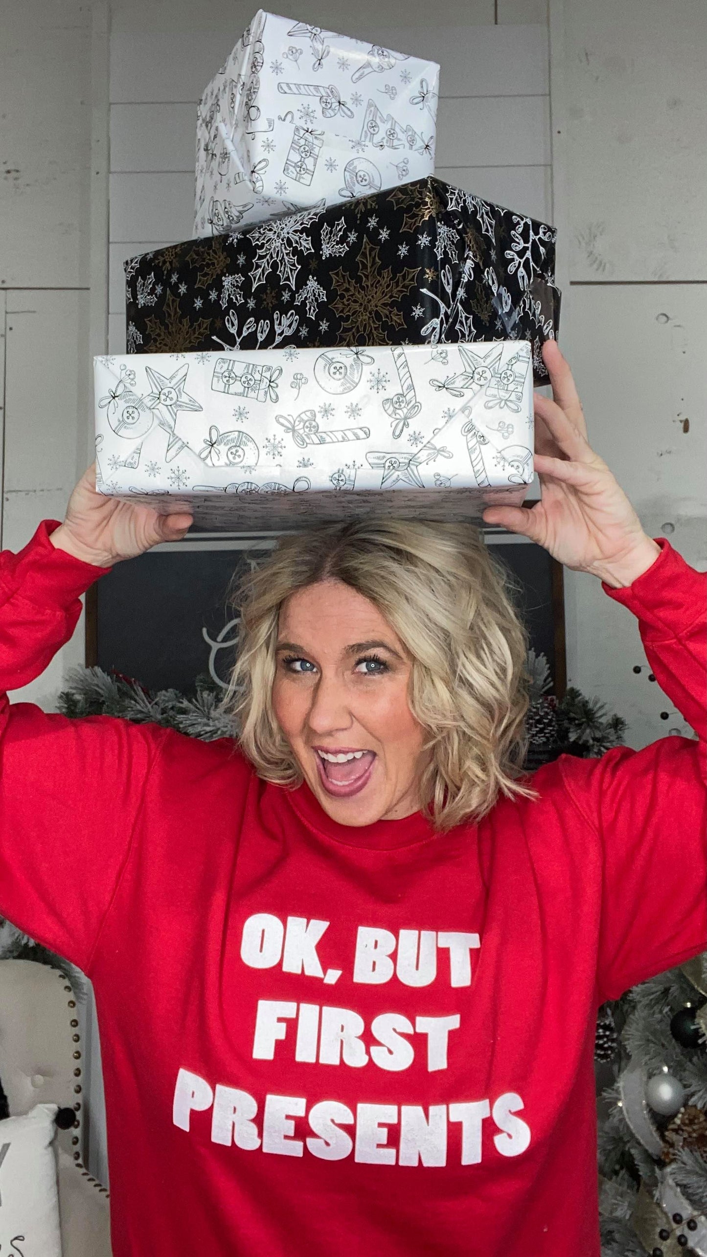 30 DAYS 30 DEALS:  OK, But First Presents Sweatshirt - Red, CLOTHING, BAD HABIT APPAREL, BAD HABIT BOUTIQUE