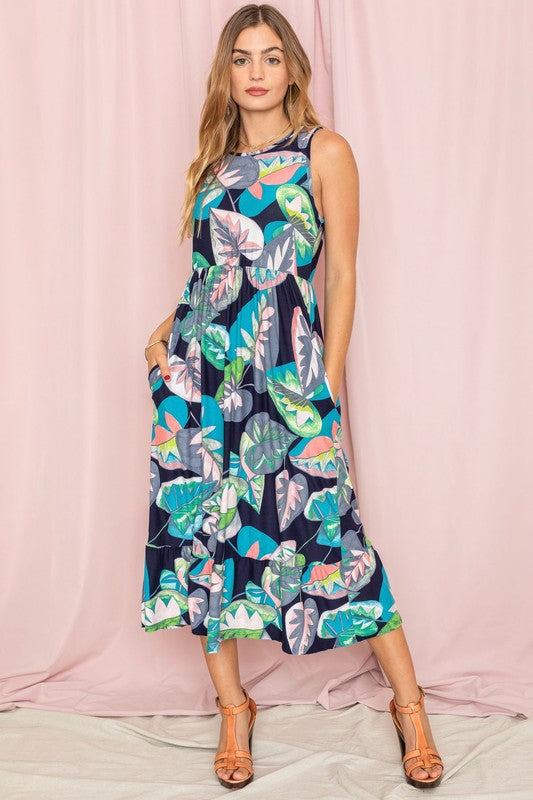 Sleeveless Print Ruffled Hem Tea Length Dress