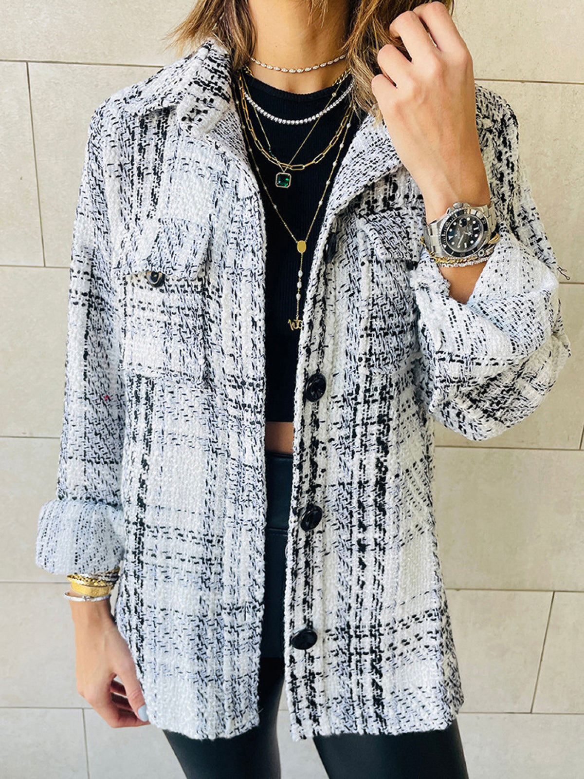 loose plaid button long-sleeve jacket with pocket