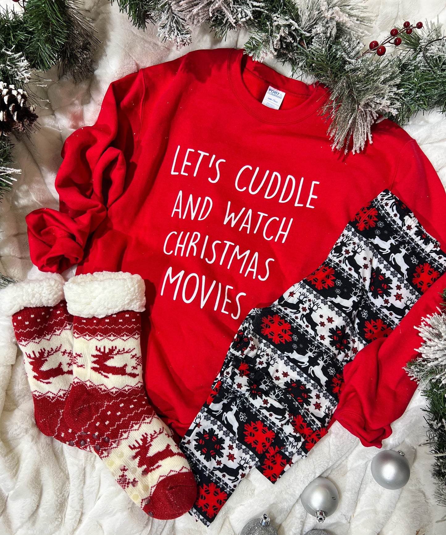 holiday crewneck, leggings and fuzzy sock gift set