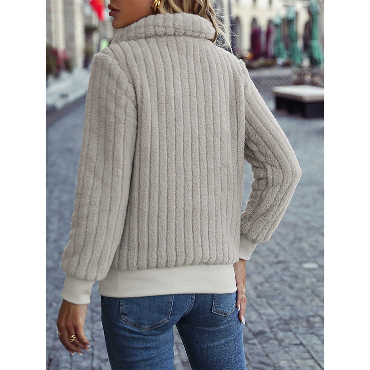 Cowl Neck Solid Color Rib Textured Sweatshirt