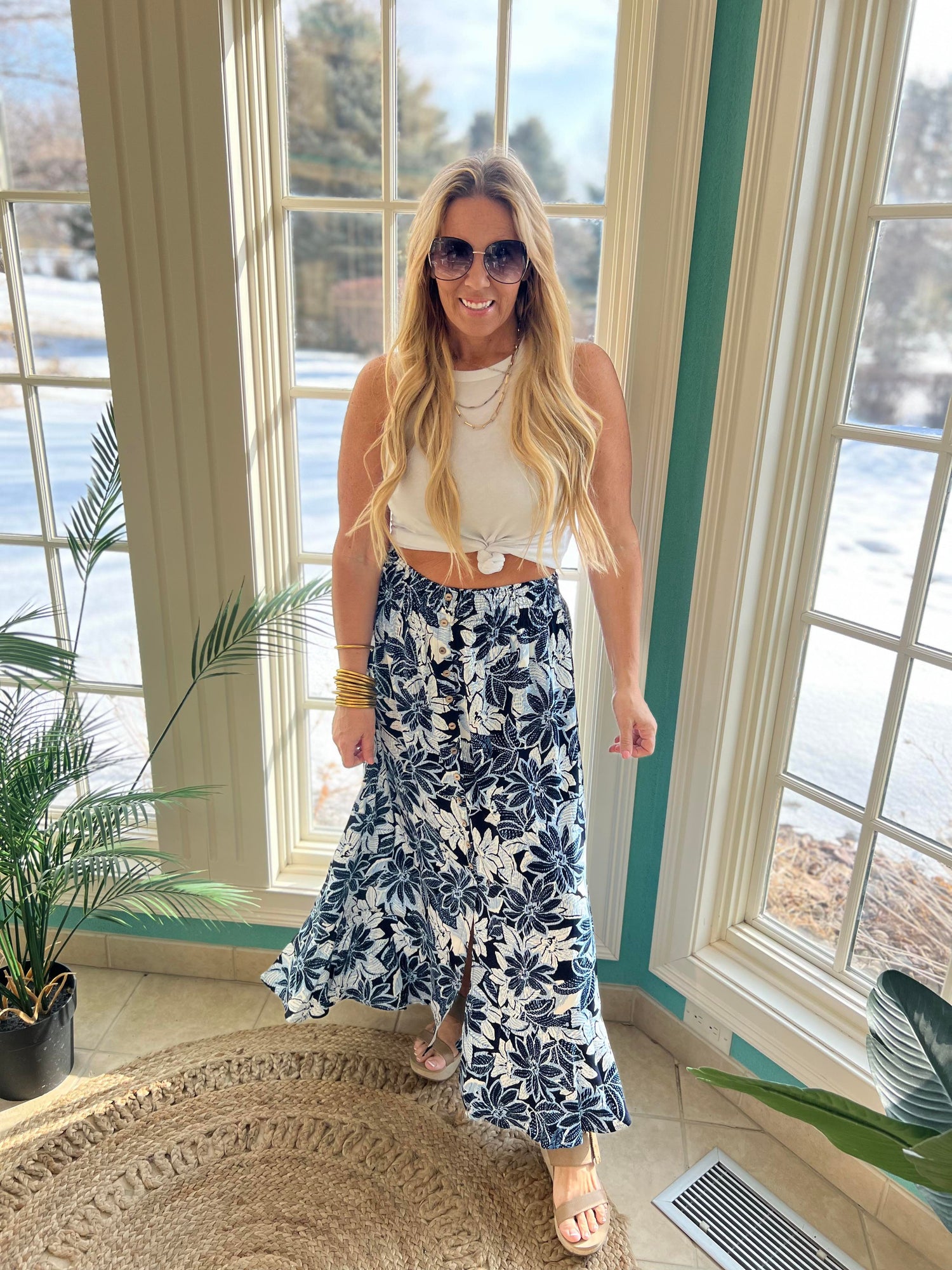 ROYAL BLUE BUTTON FRONT SMOCKED MAXI SKIRT
