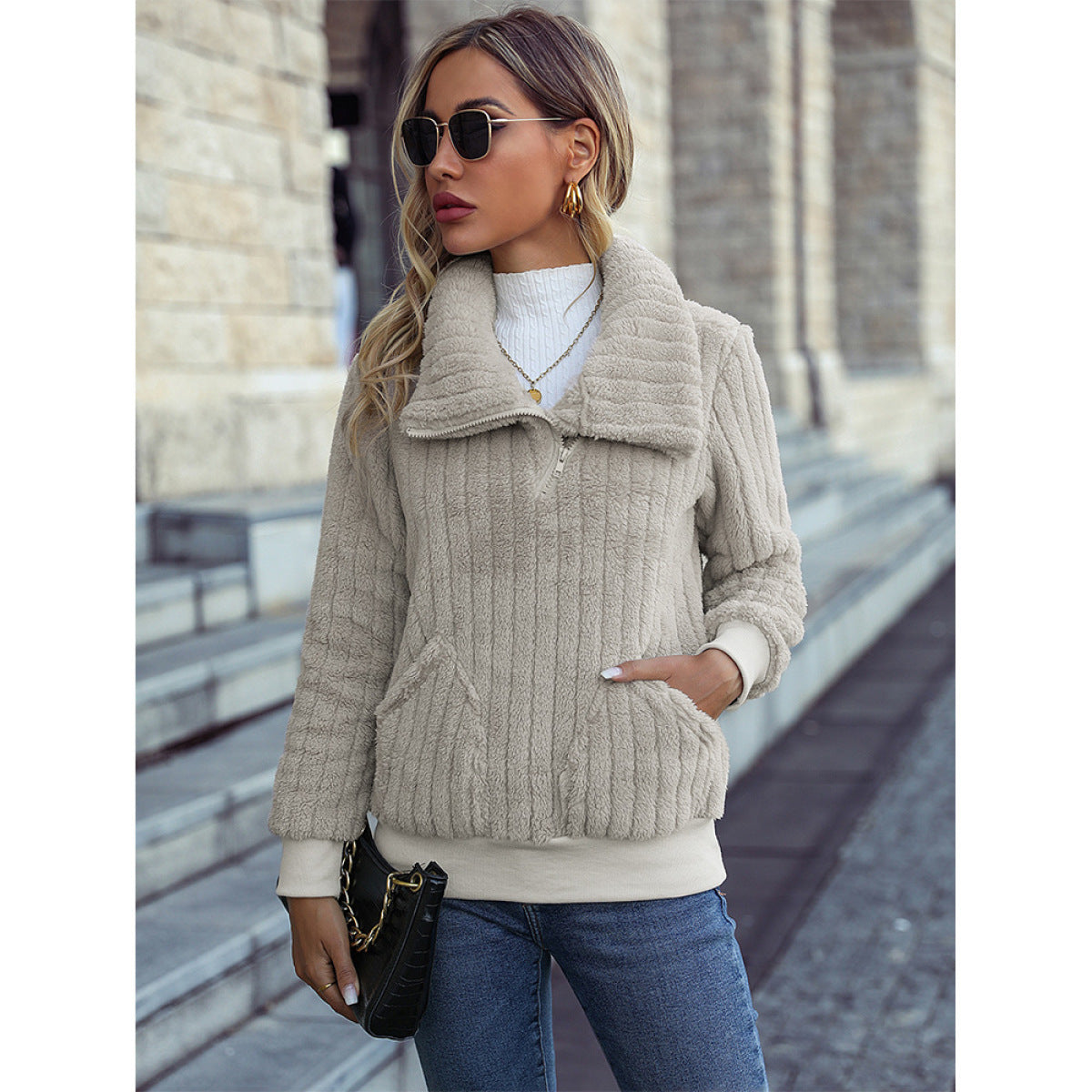 Cowl Neck Solid Color Rib Textured Sweatshirt