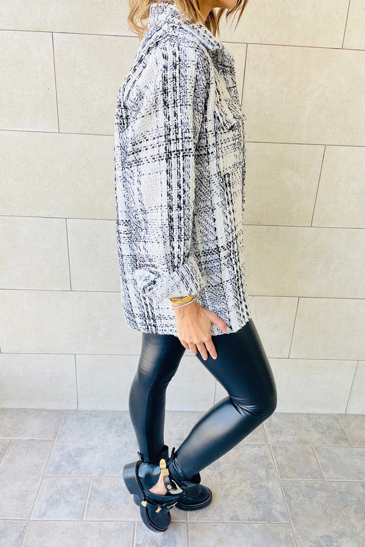 white plaid jacket