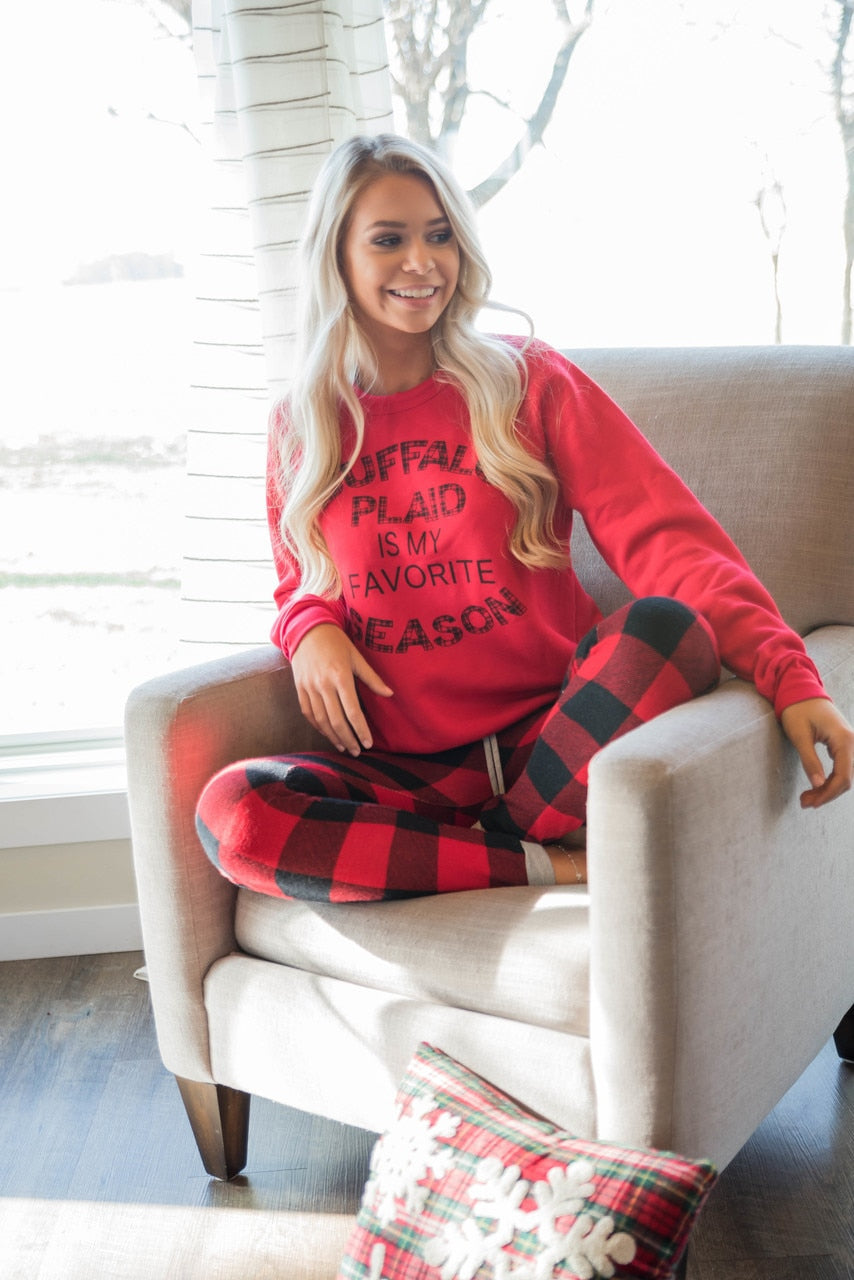 Buffalo Plaid is My Favorite Season Sweatshirt | Red - BAD HABIT BOUTIQUE