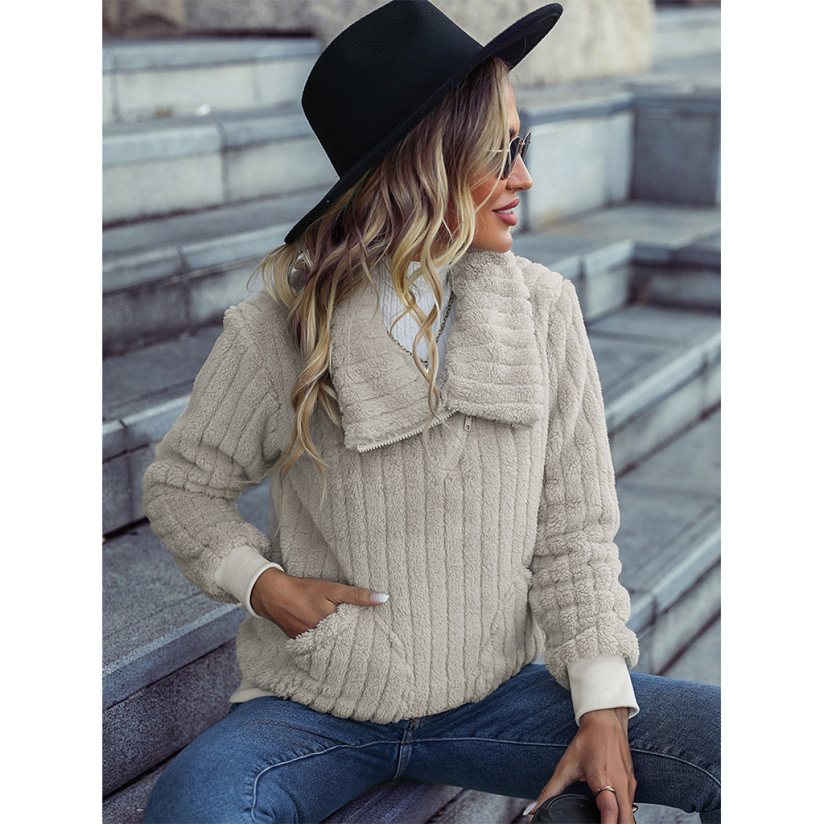 Cowl Neck Solid Color Rib Textured Sweatshirt