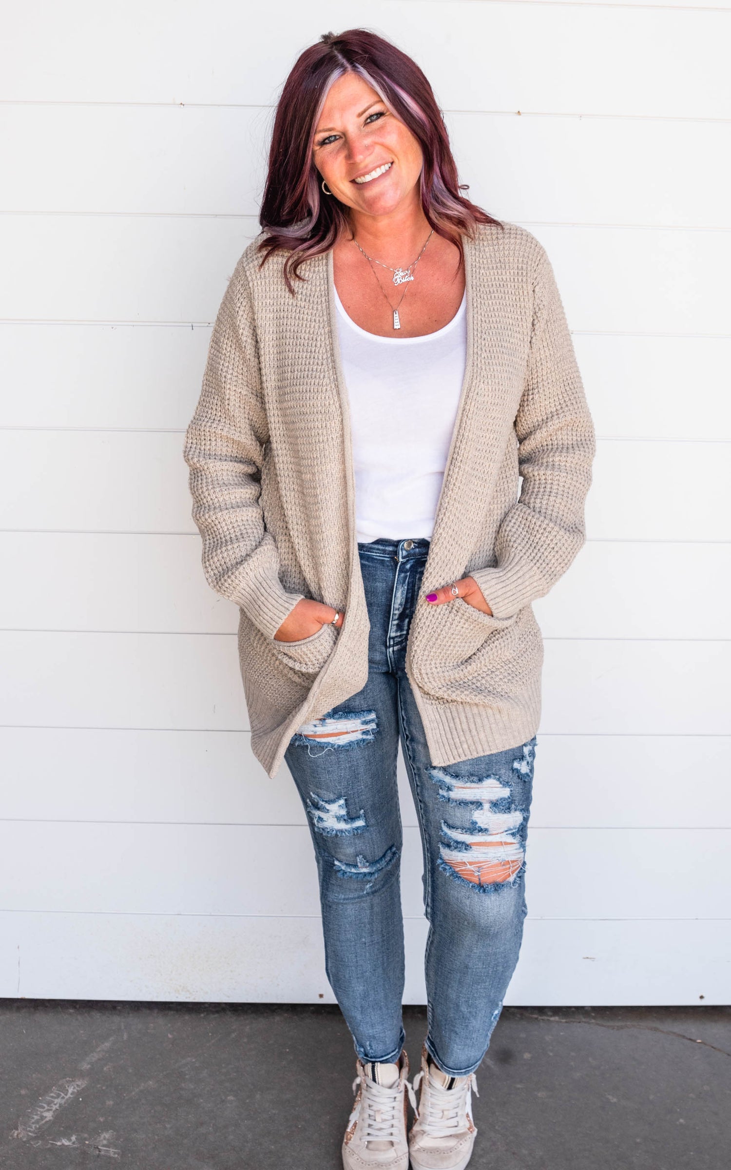 heather beige knit cardigan