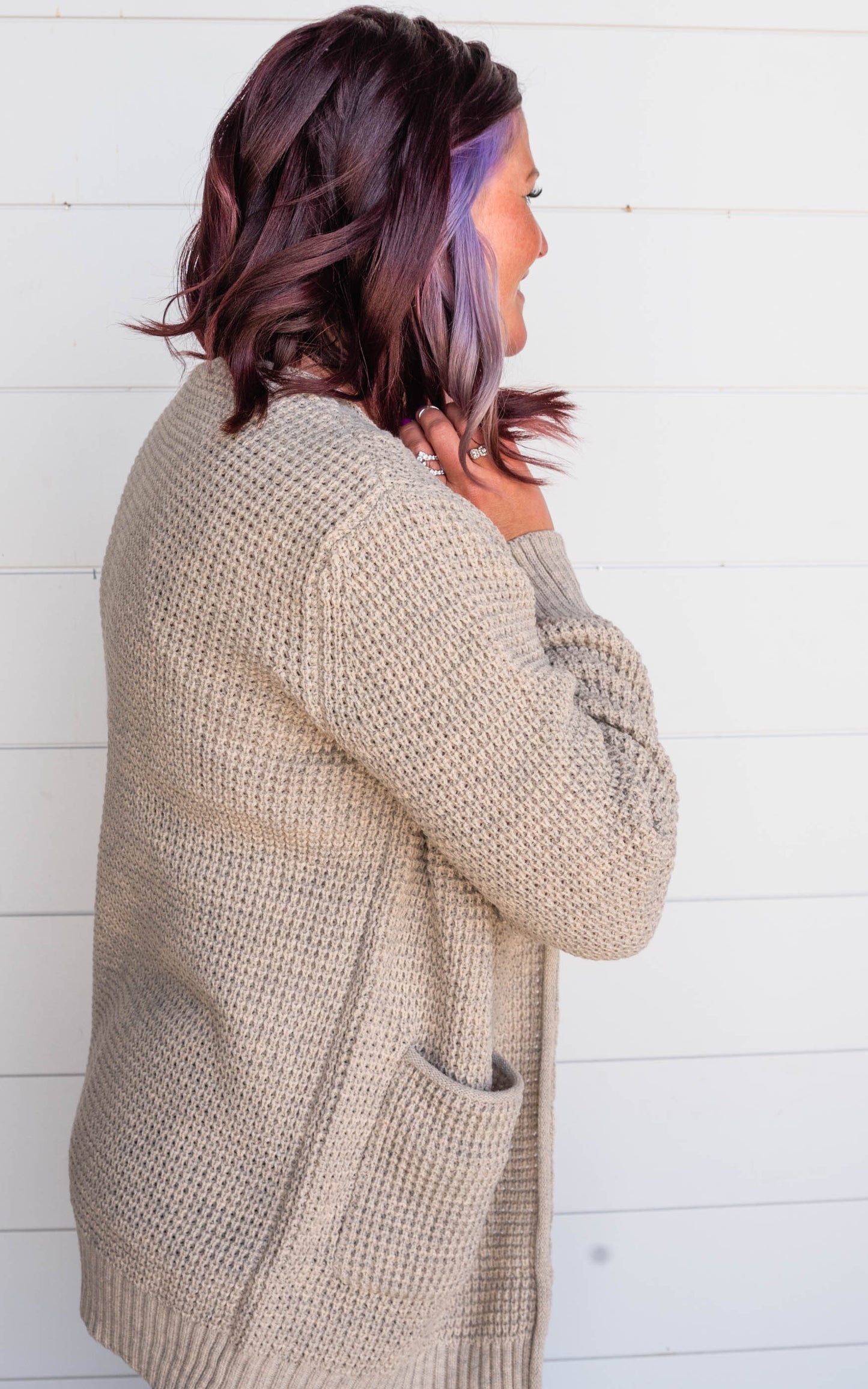 heather beige cardigan
