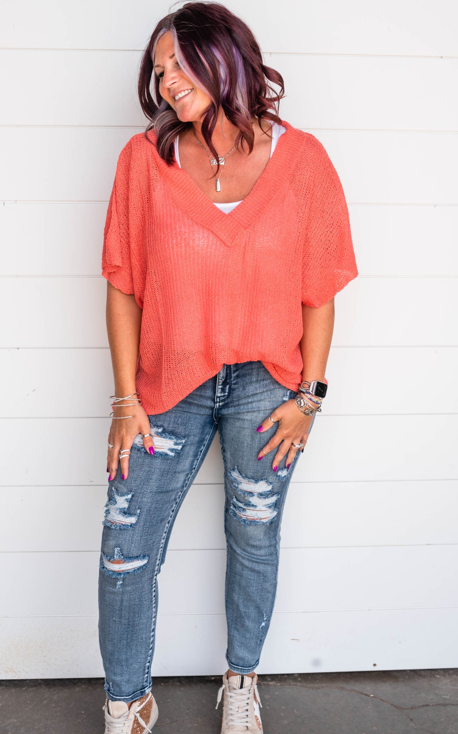 coral knit sweater