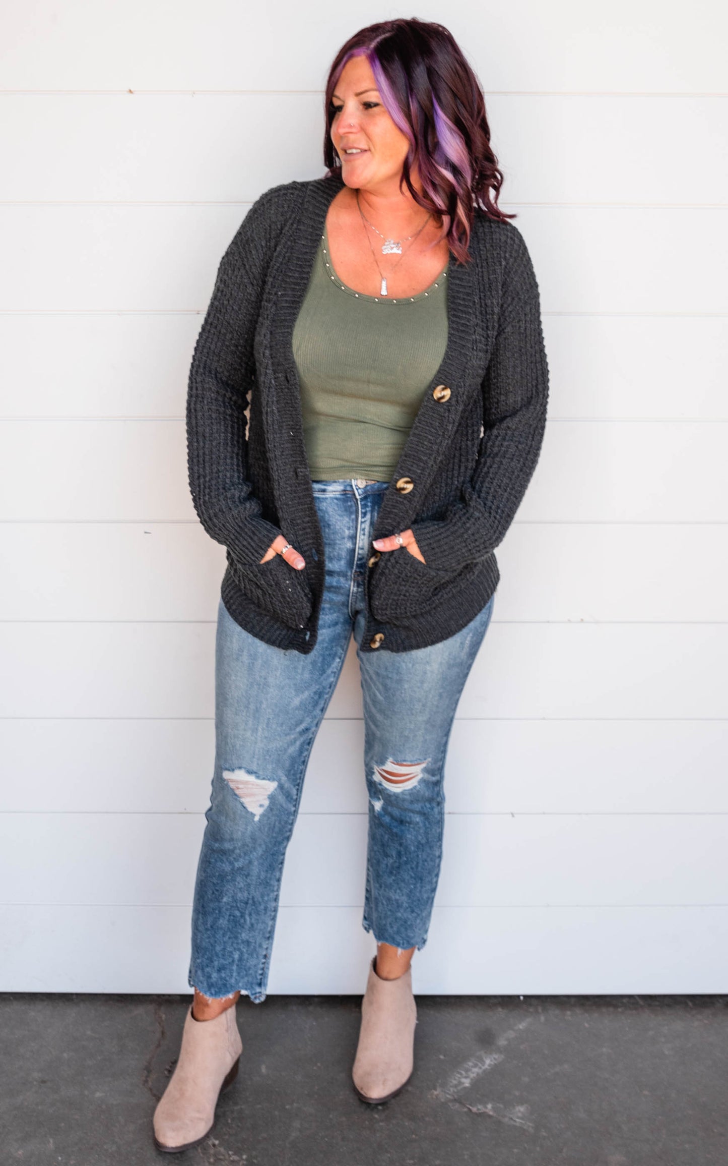 black waffle cardigan