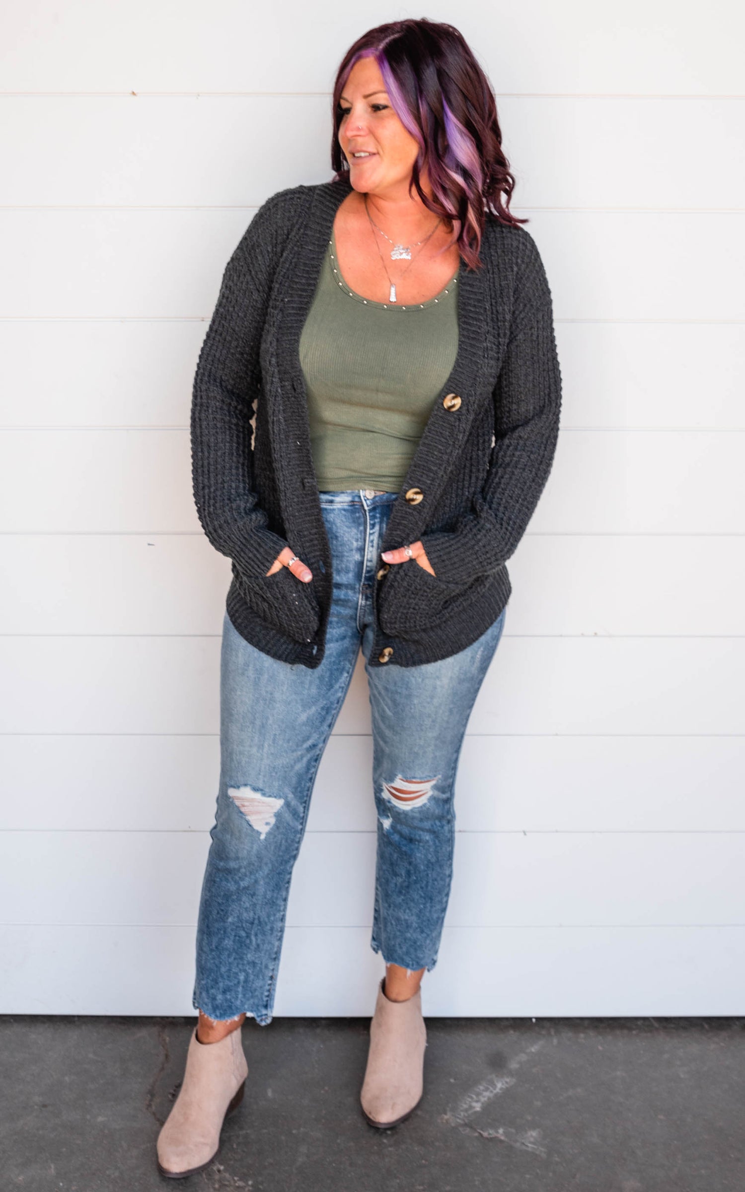 black waffle cardigan